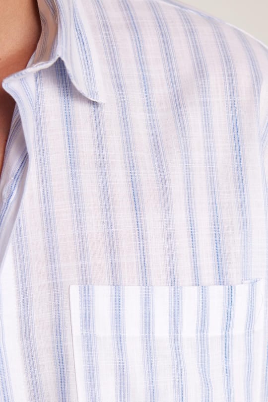 Erkek Regular Fit Klasik Kesim Oversize %100 Pamuk Kısa Kollu Keten Doku Tek Cepli Çizgili Lacivert Gömlek