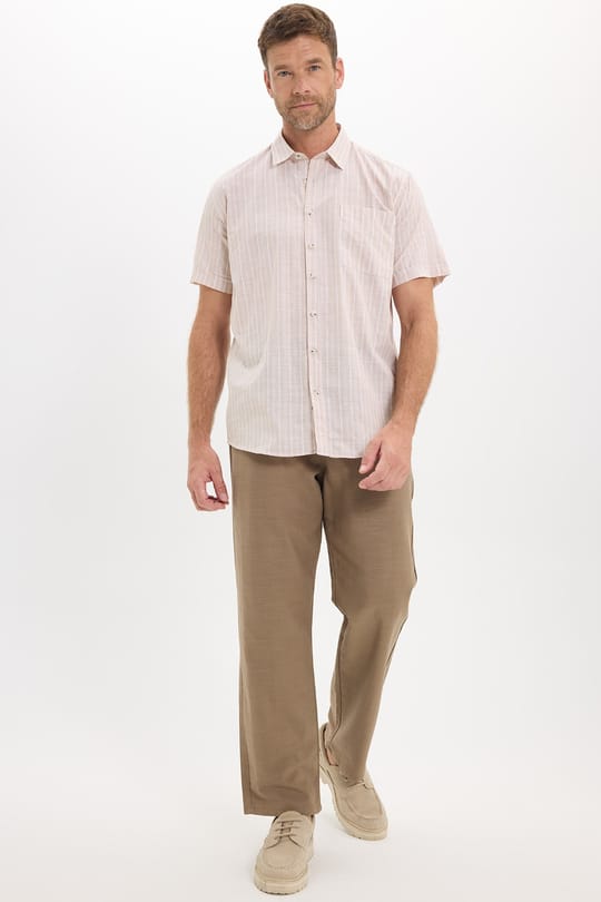 Erkek Regular Fit Klasik Kesim Oversize %100 Pamuk Keten Doku Tek Cepli Çizgili Kısa Kollu Bej Gömlek