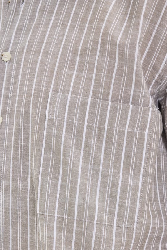 Erkek Regular Fit Klasik Kesim Oversize %100 Pamuk Kısa Kollu Keten Doku Tek Cep Çizgili Gömlek