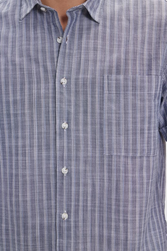 Erkek Regular Fit Klasik Kesim Oversize %100 Pamuk Keten Doku Tek Cepli Çizgili Kısa Kollu Lacivert Gömlek