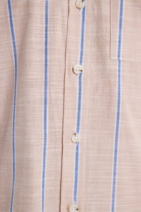 Erkek Regular Fit Klasik Kesim Oversize %100 Pamuk Keten Doku Tek Cepli Çizgili Kısa Kollu Bej Gömlek