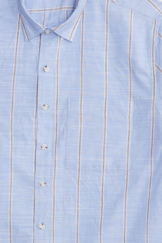 Erkek Regular Fit Klasik Kesim Oversize %100 Pamuk Keten Doku Tek Cepli Çizgili Kısa Kollu Mavi Gömlek