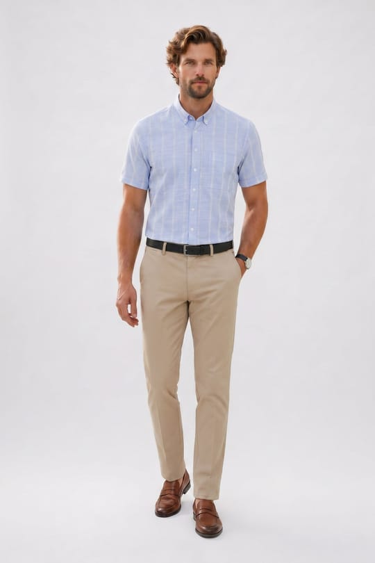 Erkek Regular Fit Klasik Kesim Oversize %100 Pamuk Keten Doku Tek Cepli Çizgili Kısa Kollu Mavi Gömlek