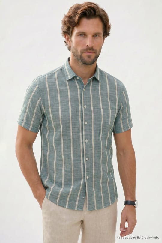 Erkek Regular Fit Klasik Kesim Oversize %100 Pamuk Tek Cepli Çizgili Kısa Kollu Koyu Yeşil Gömlek
