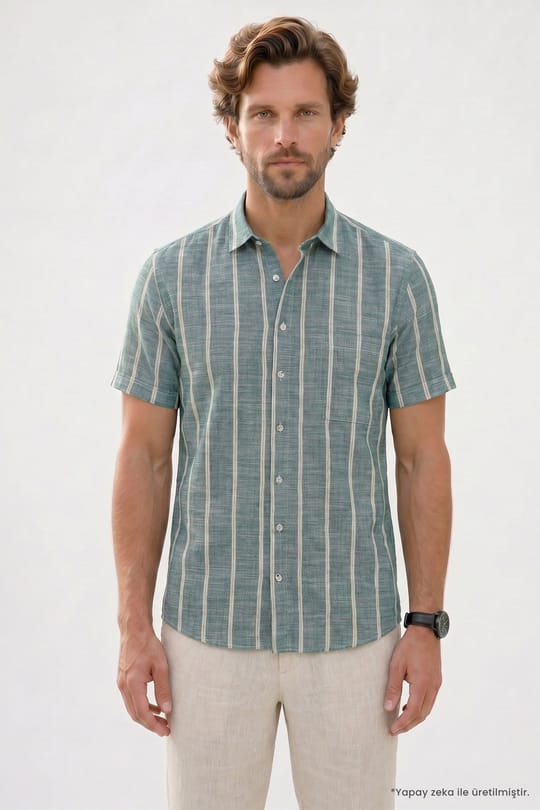 Erkek Regular Fit Klasik Kesim Oversize %100 Pamuk Tek Cepli Çizgili Kısa Kollu Koyu Yeşil Gömlek