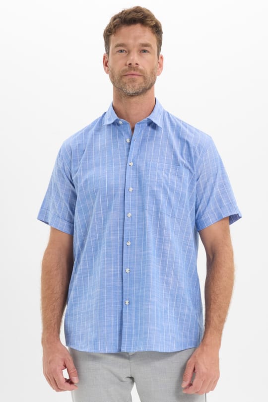 Erkek Regular Fit Klasik Kesim Oversize %100 Pamuk Keten Doku Tek Cepli Çizgili Kısa Kollu Saks Mavi Gömlek
