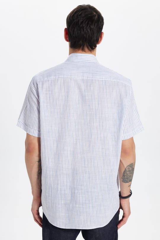 Erkek Regular Fit Klasik Kesim Oversize %100 Pamuk Kısa Kollu Keten Doku Tek Cep Çizgili Gömlek