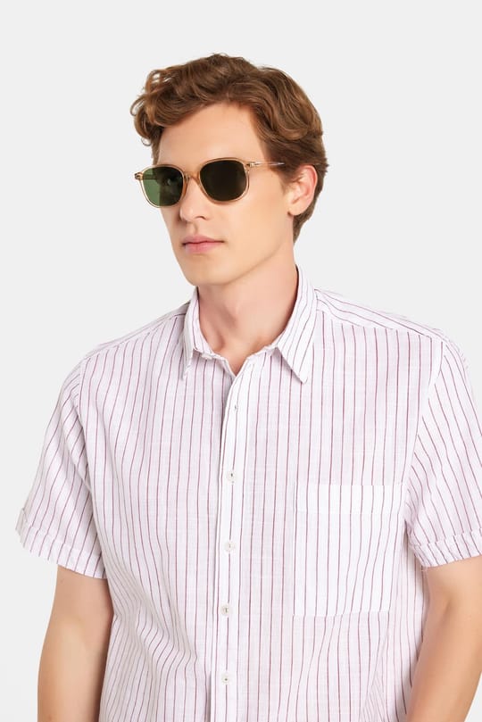 Erkek Regular Fit Klasik Kesim Oversize %100 Pamuk Kısa Kollu Keten Doku Tek Cep Çizgili Gömlek