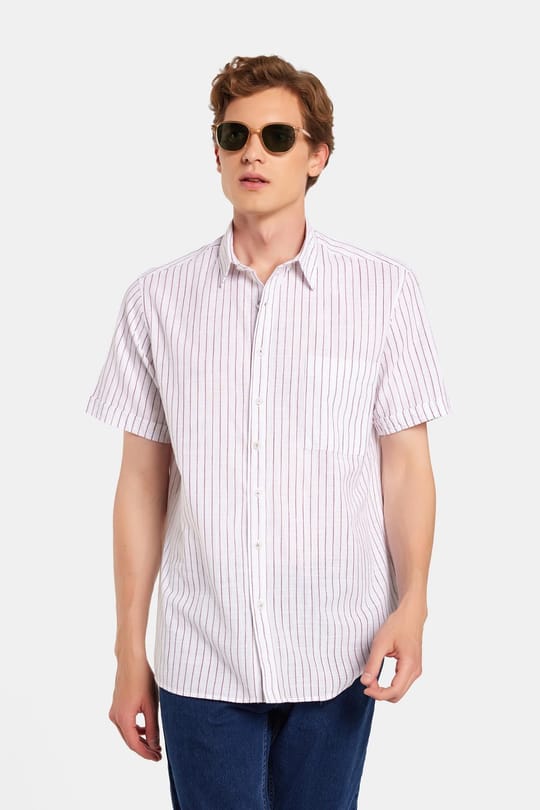 Erkek Regular Fit Klasik Kesim Oversize %100 Pamuk Kısa Kollu Keten Doku Tek Cep Çizgili Gömlek