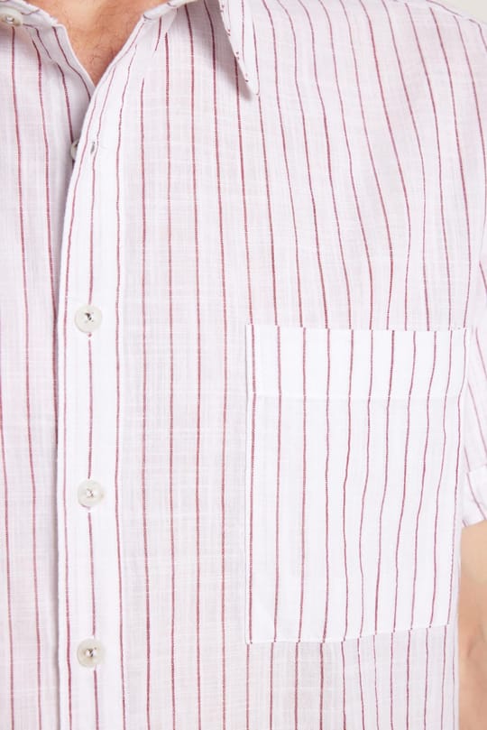 Erkek Regular Fit Klasik Kesim Oversize %100 Pamuk Kısa Kollu Keten Doku Tek Cep Çizgili Gömlek