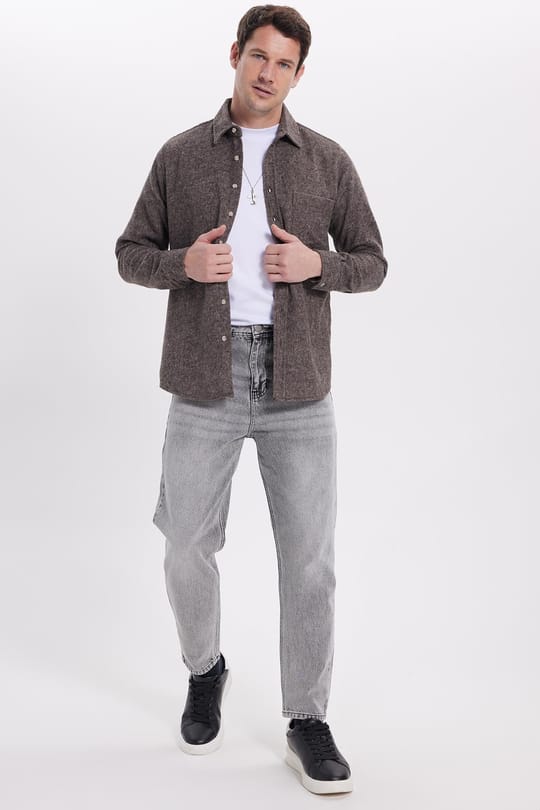Erkek Regular Fit Klasik Kesim Düz Cepli Koyu Kahverengi Oduncu Gömlek