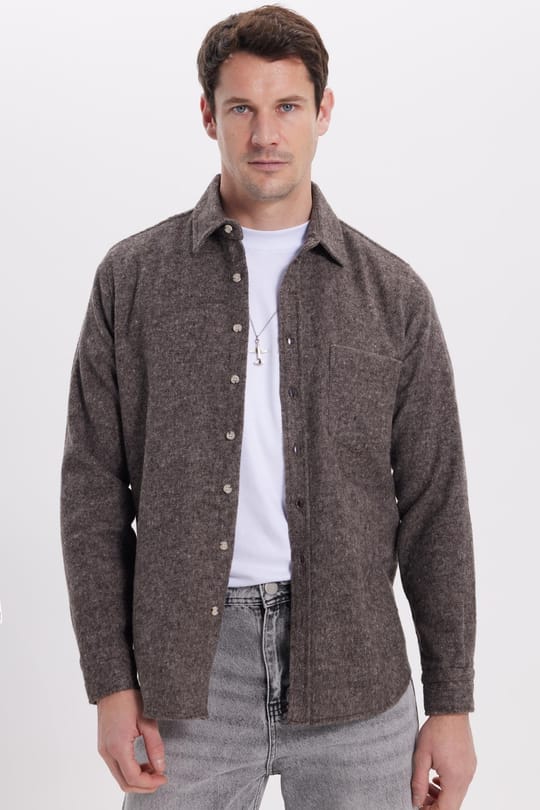 Erkek Regular Fit Klasik Kesim Düz Cepli Koyu Kahverengi Oduncu Gömlek