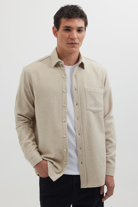 Erkek Regular Fit Klasik Kesim Düz Cepli Koyu Bej Oduncu Gömlek