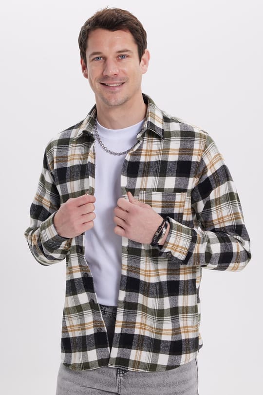Erkek Klasik Fit Rahat Kesim Kışlık Kareli Oduncu Gömlek