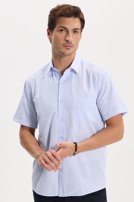 Erkek Regular Fit Klasik Kesim Pamuklu Kısa Kollu Armürlü Mavi Gömlek