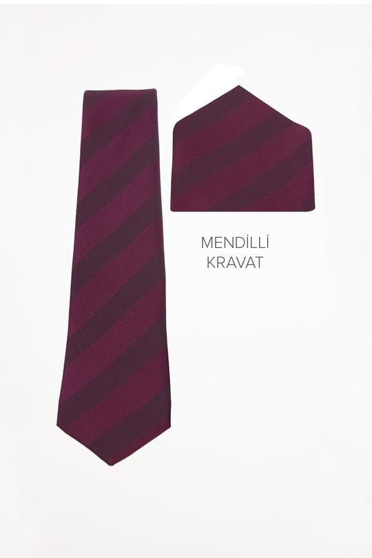 Erkek Premium Dokuma Bordo Çizgili Klasik Kravat ve Cep Mendili Takımı