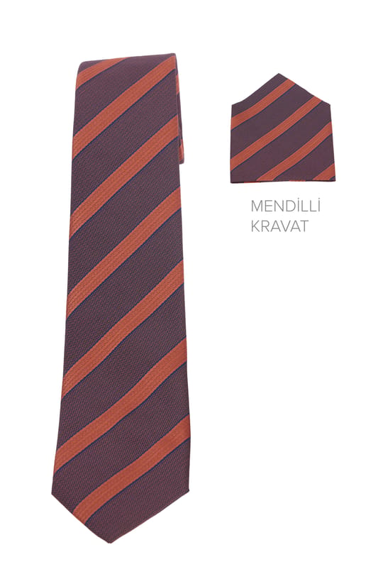 Turuncu Çizgili Cep Mendilli Klasik Kravat