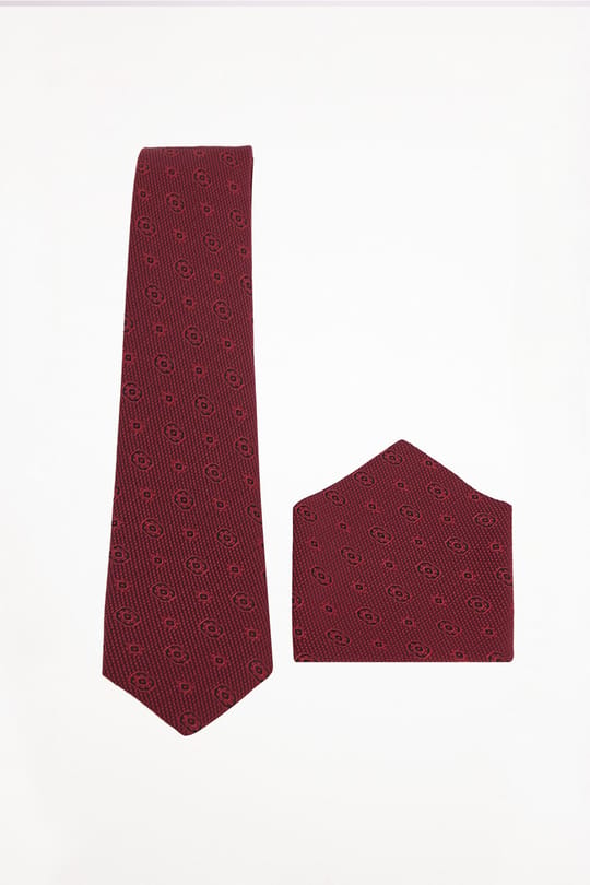 Erkek Bordo Geometrik Desenli Kravat ve Cep Mendili Takımı
