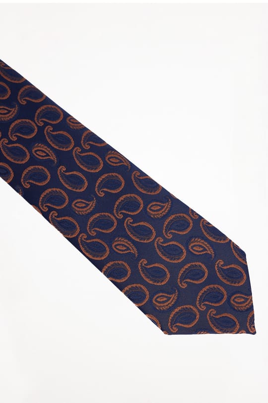 Erkek Lacivert Paisley Desenli Klasik Kravat ve Cep Mendili Takımı
