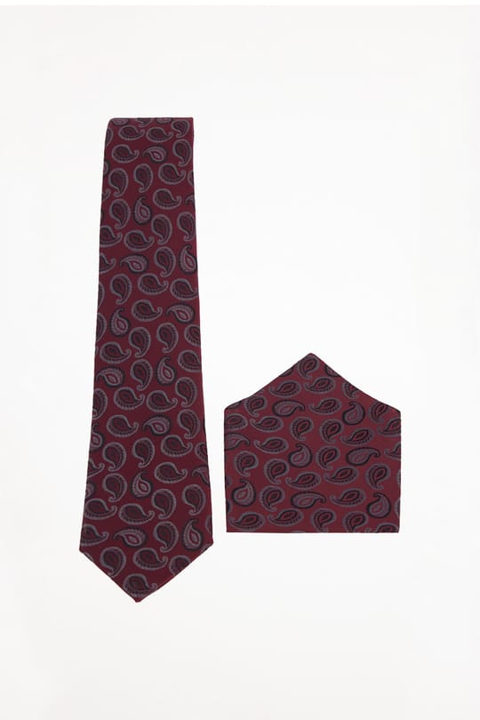 Erkek Bordo Paisley Desenli Klasik Kravat ve Cep Mendili Takımı
