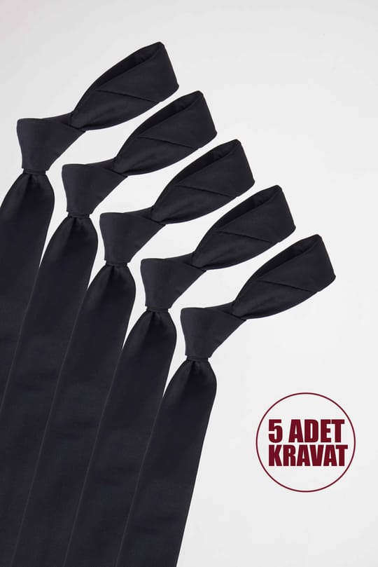5li Paket Düz İnce Siyah Erkek Kravat