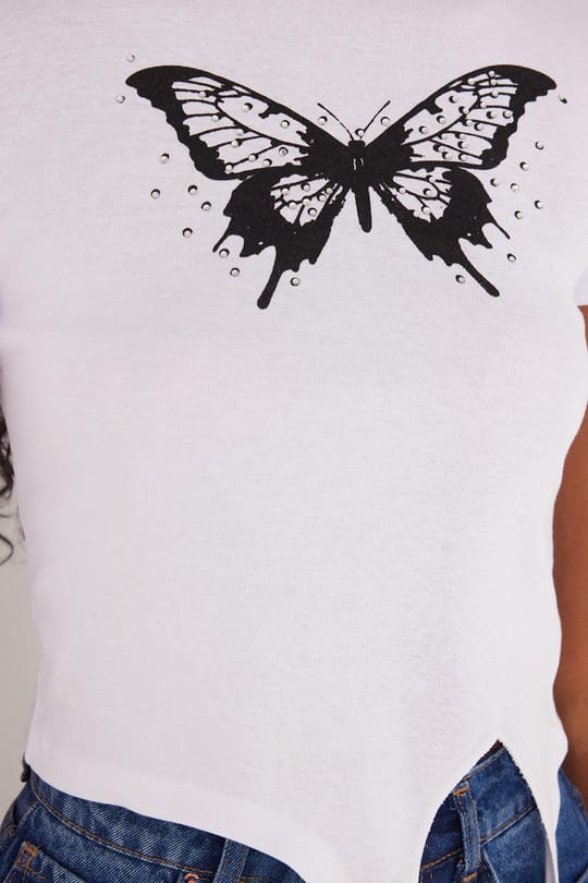 Kadın Slim Fit Dar Kesim Kısa Kollu Bağlamalı Bisiklet Yaka Baskılı Beyaz Tişört