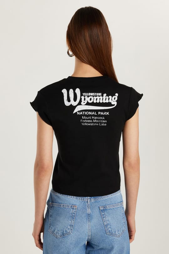 Kadın Slim Fit Ribanalı Baskılı %100 Pamuk Bisiklet Yaka Siyah Tişört