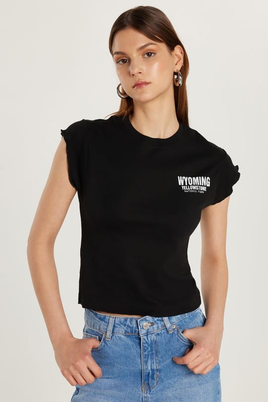Kadın Slim Fit Ribanalı Baskılı %100 Pamuk Bisiklet Yaka Siyah Tişört