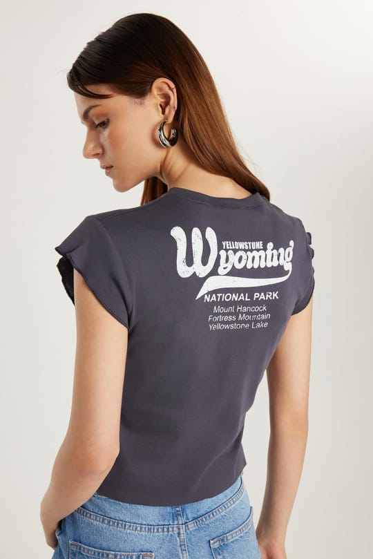 Kadın Slim Fit Ribanalı Baskılı %100 Pamuk Bisiklet Yaka Füme Tişört