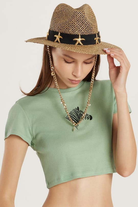 Kadın Slim Fit Dar Kesim %100 Pamuk Bisiklet Yaka Baskılı Haki Crop Tişört