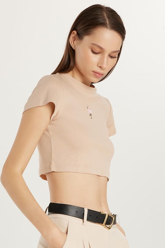 Kadın Slim Fit Dar Kesim %100 Pamuk Bisiklet Yaka Baskılı Bej Crop Tişört