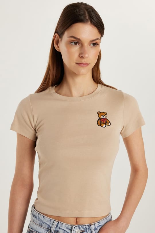 Kadın Slim Fit Dar Kesim Kısa Kollu Bisiklet Yaka Nakışlı Bej Tişört