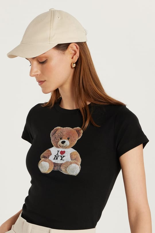 Kadın Slim Fit Dar Kesim Kısa Kollu Bisiklet Yaka Baskılı Siyah Tişört