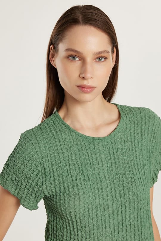 Kadın Slim Fit Dar Kesim Kısa Kollu Bisiklet Yaka Haki Tişört
