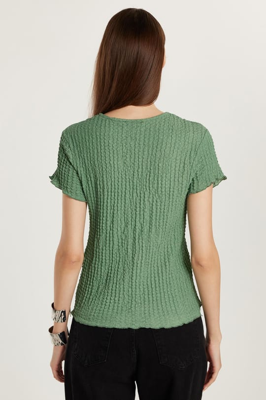 Kadın Slim Fit Dar Kesim Kısa Kollu Bisiklet Yaka Haki Tişört
