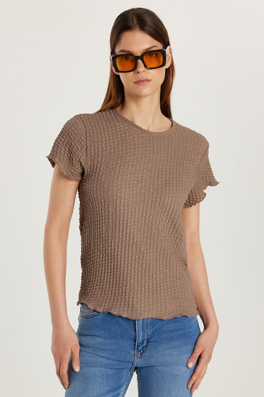 Kadın Slim Fit Dar Kesim Kısa Kollu Bisiklet Yaka Vizon Tişört