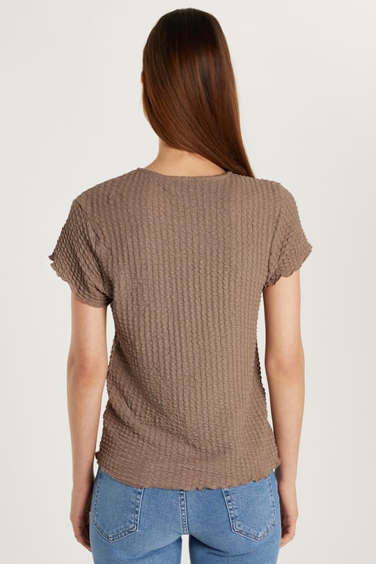 Kadın Slim Fit Dar Kesim Kısa Kollu Bisiklet Yaka Vizon Tişört