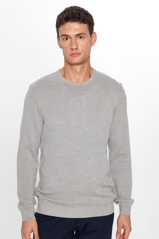 Erkek Slim Fit Bisiklet Yaka Petek Desenli Gri Triko Kazak