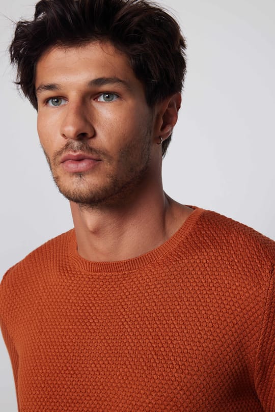 Slim Fit Bisiklet Yaka Petek Desenli Tarçın Erkek Kazak