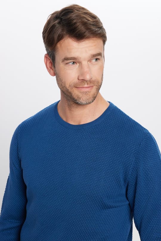 Erkek Slim Fit Bisiklet Yaka Petek Desenli İndigo Triko Kazak