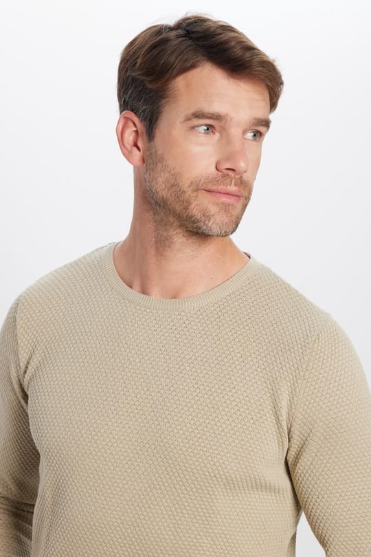 Erkek Slim Fit Bisiklet Yaka Petek Desenli Taş Triko Kazak