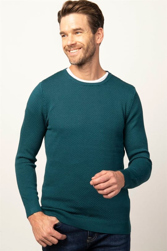 Slim Fit Dar Kesim Bisiklet Yaka Petek Desenli Erkek Kazak
