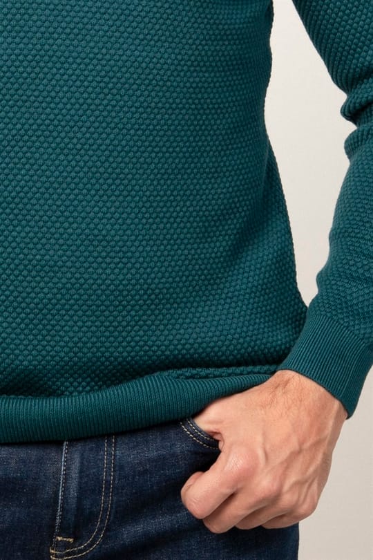 Erkek Standart Fit Normal Kesim Bisiklet Yaka Petek Desenli Yeşil Triko Kazak
