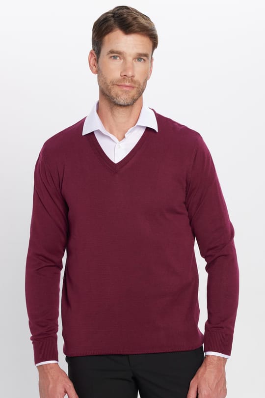 Erkek Slim Fit V Yaka Pamuklu Bordo Triko Kazak