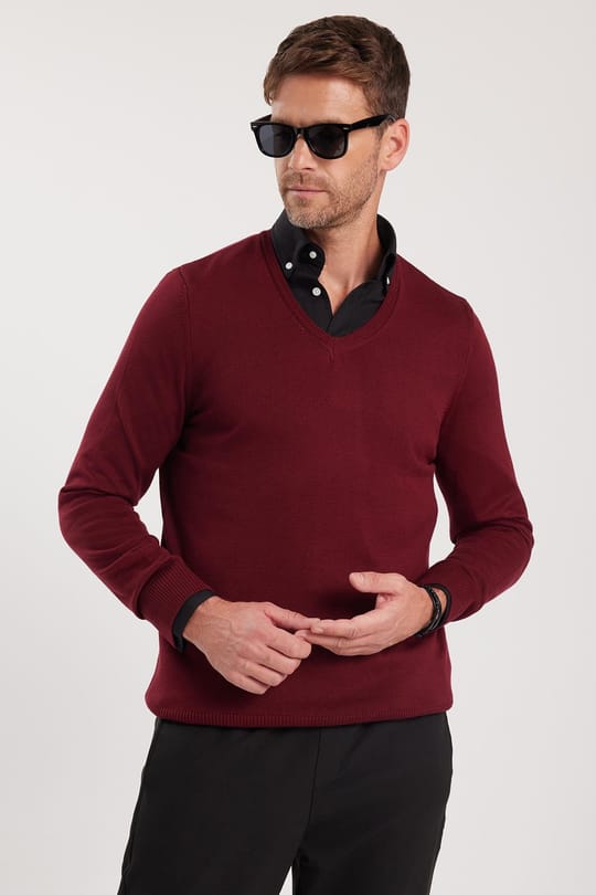 Erkek Standart Fit Normal Kesim V Yaka Pamuklu Bordo Triko Kazak