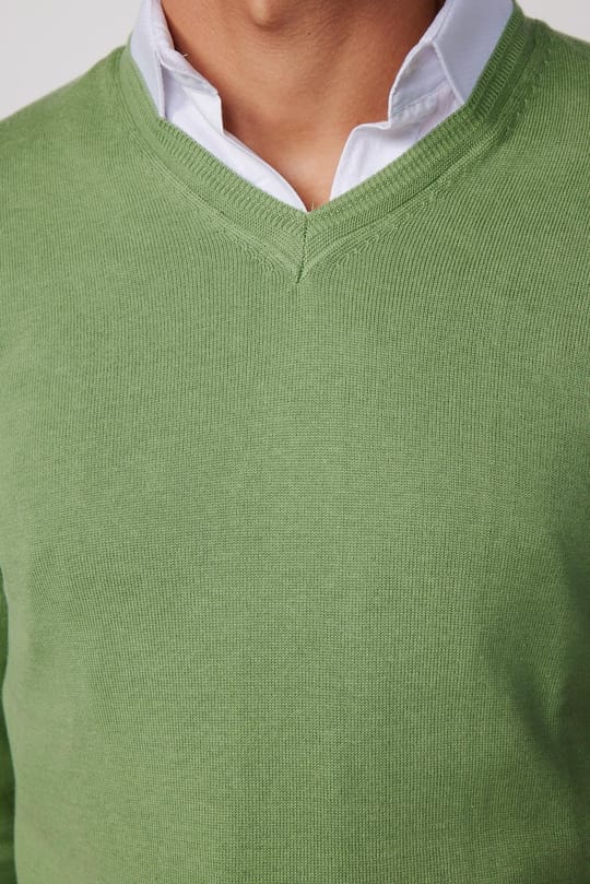 Erkek Standart Fit Normal Kesim V Yaka Pamuklu Yeşil Triko Kazak