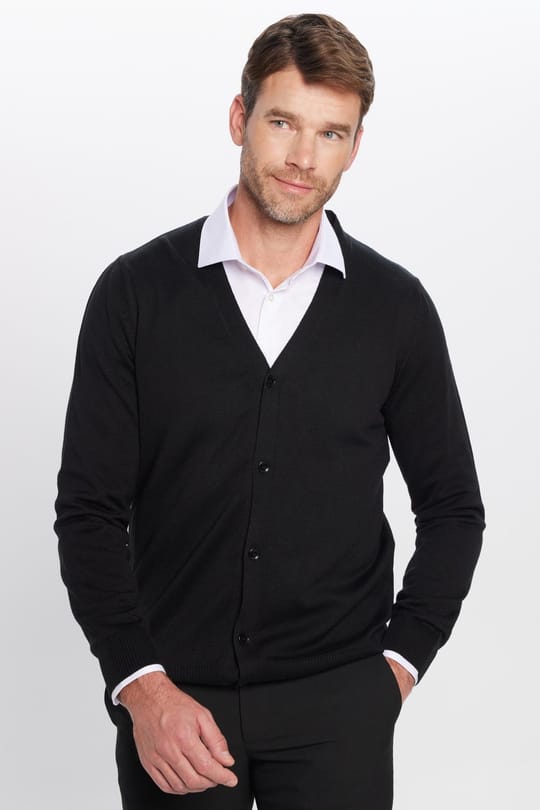 Erkek Slim Fit Düğmeli Düz Pamuk Siyah Hırka