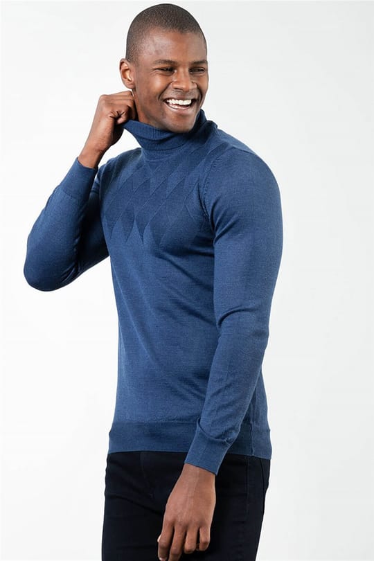 Erkek Slim Fit Tam Balıkçı Yaka İnce Yün İndigo Triko Kazak