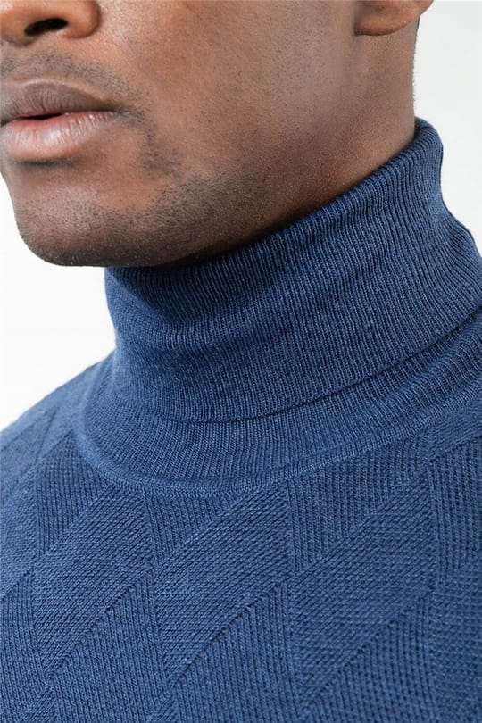 Erkek Slim Fit Tam Balıkçı Yaka İnce Yün İndigo Triko Kazak