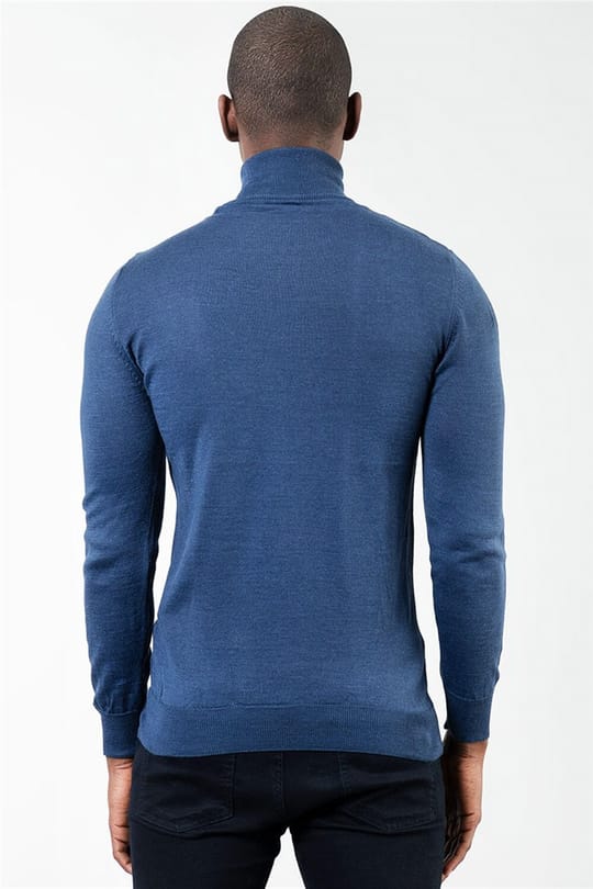 Erkek Slim Fit Tam Balıkçı Yaka İnce Yün İndigo Triko Kazak